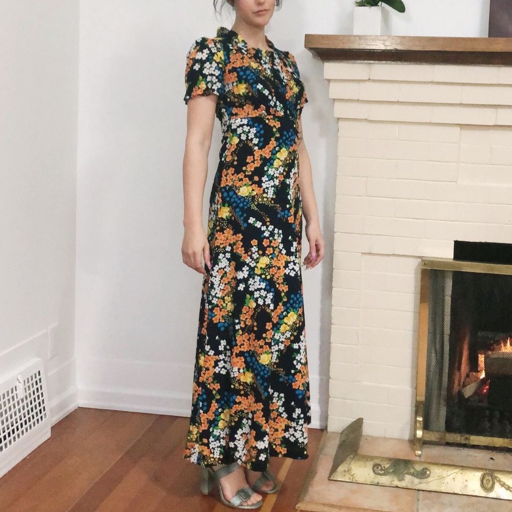Vintage Floral Maxi Dress - Black, Orange, White
